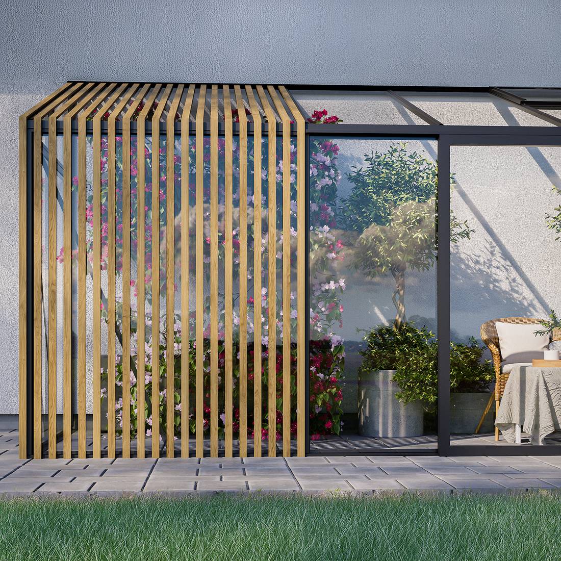Väggväxthus med Accoya-trädetaljer anpassat till bostadens arkitektur